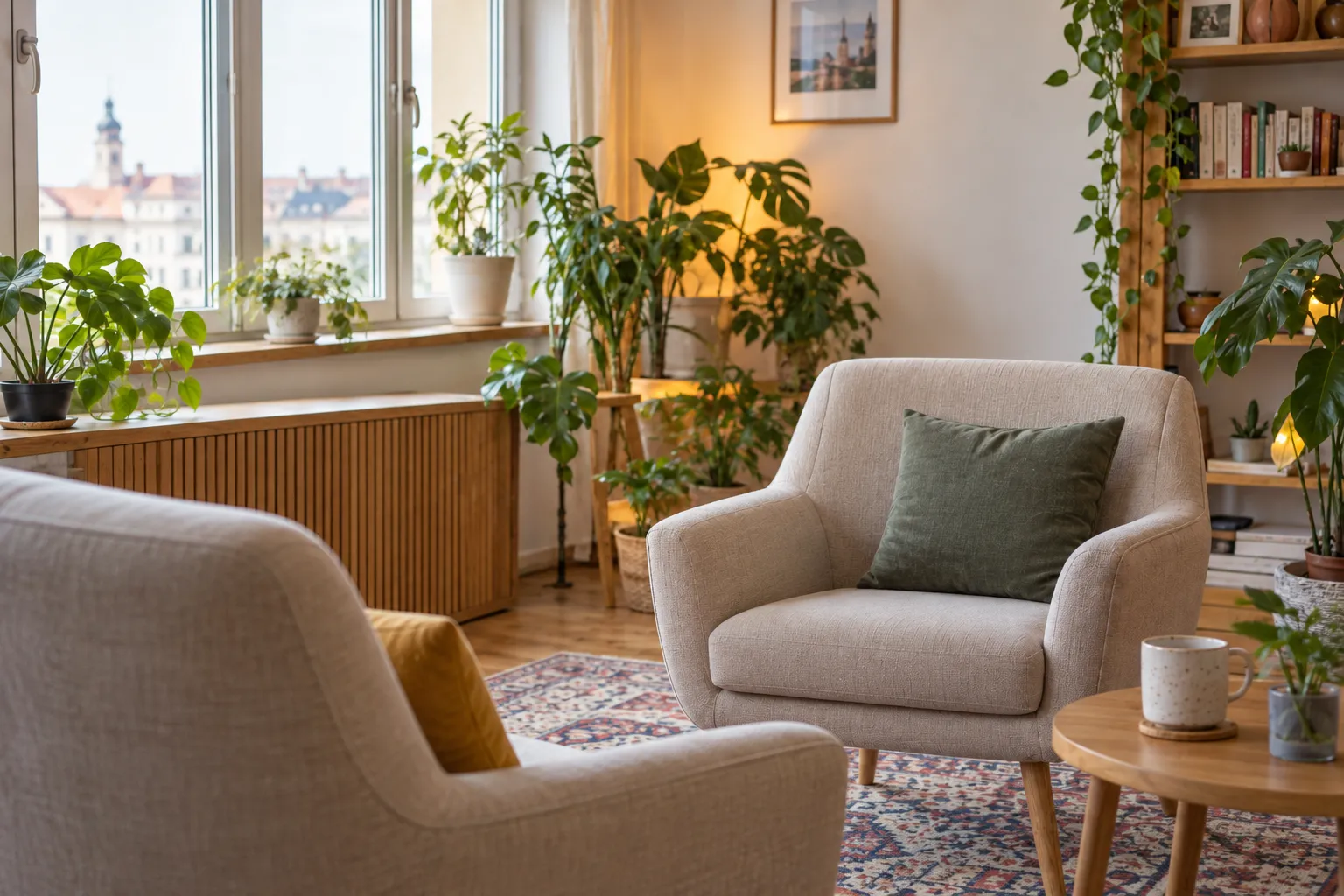 Világos, növényekkel berendezett tréning- vagy konzultációs szoba két fotellel, ember nélkül.