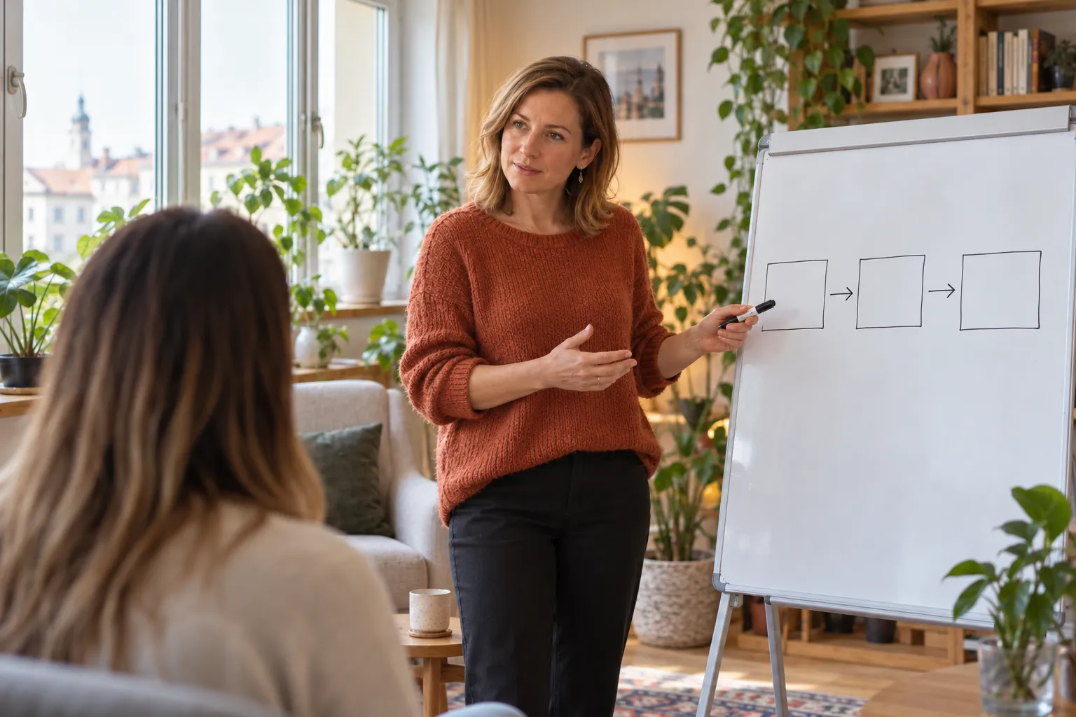 A szakember flipchart előtt magyaráz egy résztvevőnek; a tréninghelyzet és a rajzolt folyamatábra látható.